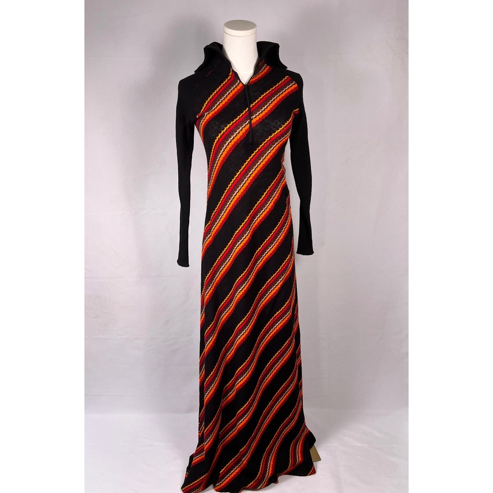 Vintage 70s Tricots Youth Guild Striped Knit Maxi Dress Zip Collar Retro Size S